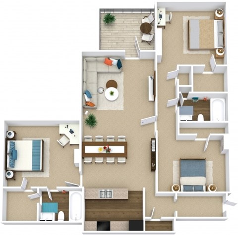 Floor plan for 3 beds, 2 baths, 1049 sqft